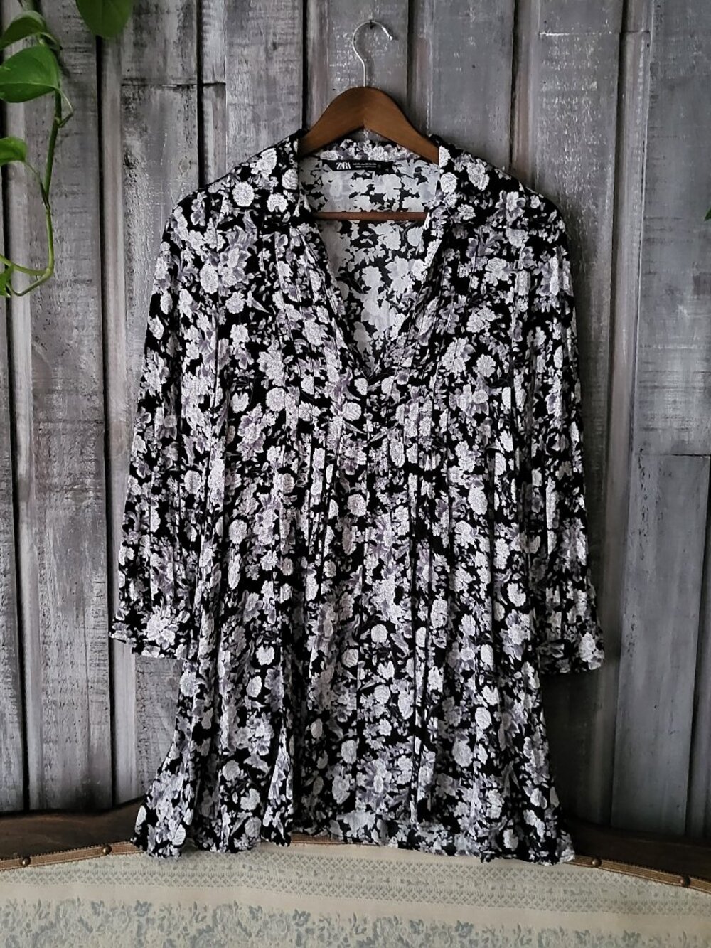 Zara Black White Floral Pleated Long Sleeve Mini Dress XS